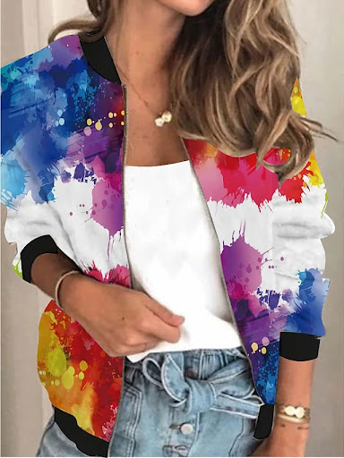 Title 4, New Loose Stand Collar Cardigan Print Coat Wome...