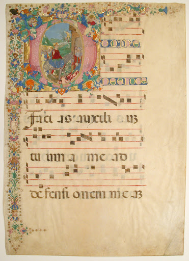 Manuscript Leaf with Entry into Jerusalem on Palm Sunday in an Initial D, from a Gradual