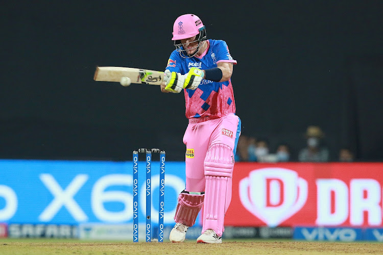 Chris Morris of Rajasthan Royals plays a shot in the Vivo Indian Premier League match against Delhi Capitals at the Wankhede Stadium, Mumbai on April 15, 2021.