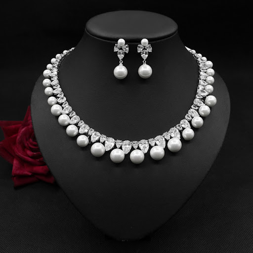 Title 3, Pearl Zircon Earrings Necklace Set Dinner Jewel...