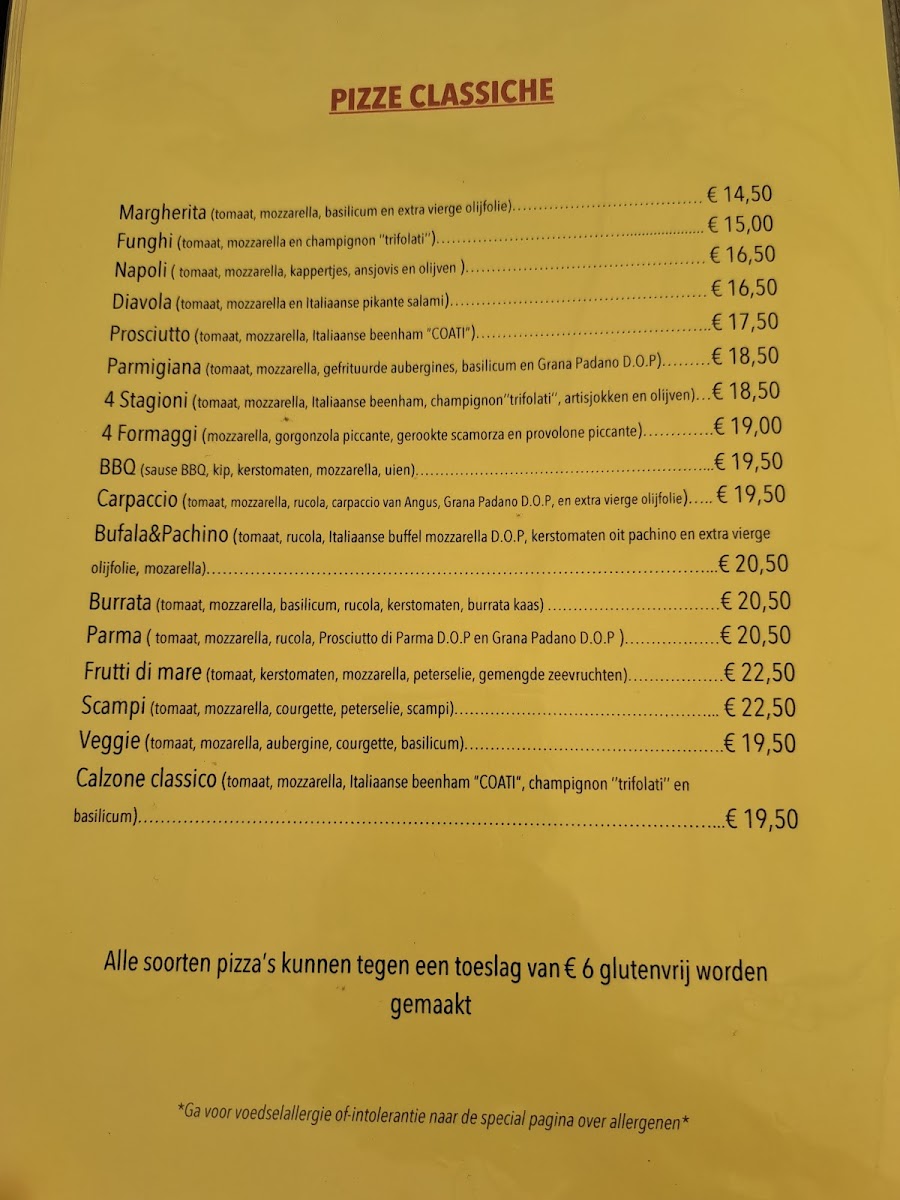 l'Artista gluten-free menu