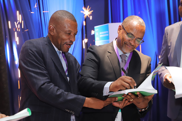 Water and Sanitation Cabinet Secretary Zacharia Njeru and Forestry and Natural Resources committee chair Andrew Mwadime during the ongoing Water and Sanitation Investors Conference. March 7, 2024.