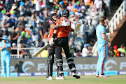 Brydon Carse and Marco Jansen of Sunrisers Eastern Cape celebrate their nteam's win in the Betway SA20 final against Pretoria Capitals at the Wanderers on February 12 2023. 
