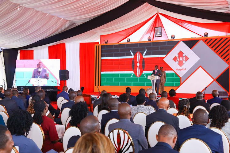 President William Ruto speaking during the official opening of a level five AAR Hospital in Kiambu on February 15, 2023