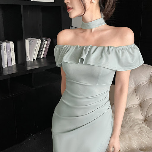 Title 16, Off-shoulder Ruffled Waist Pleated Slit Dress