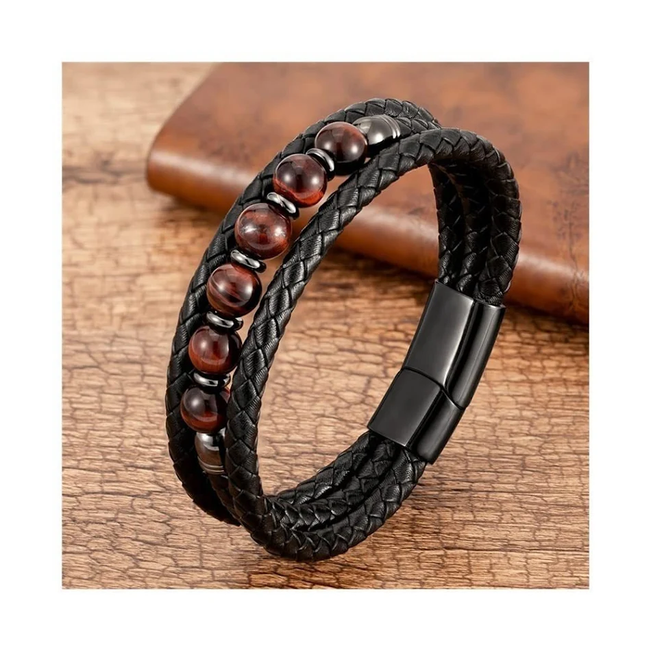 Heren armband met tijgeroog kralen en magnetische sluiting van roestvrij staal, stijlvol en gemakkelijk te sluiten
