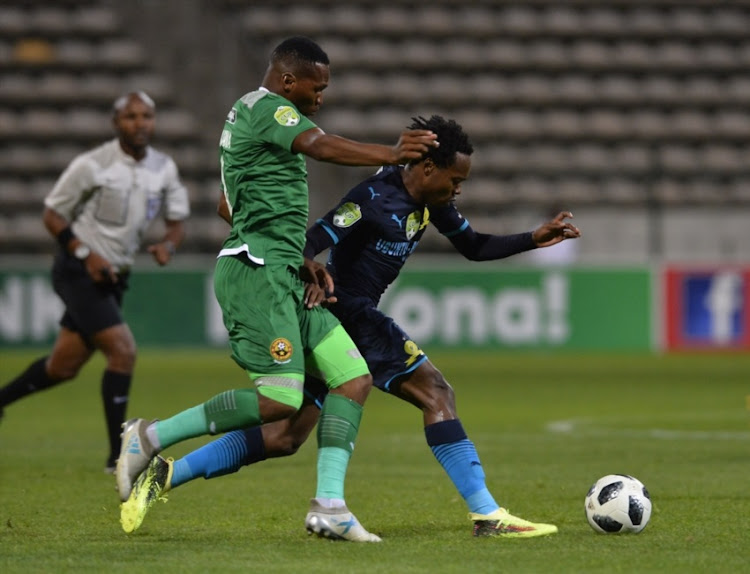 Mlungisi Mbunjana of Cape Town All Stars and Percy Tau of Mamelodi Sundowns FC during the Nedbank Cup, Last 32 match between Cape Town All Stars and Mamelodi Sundowns at Athlone Stadium on February 09, 2018 in Cape Town.