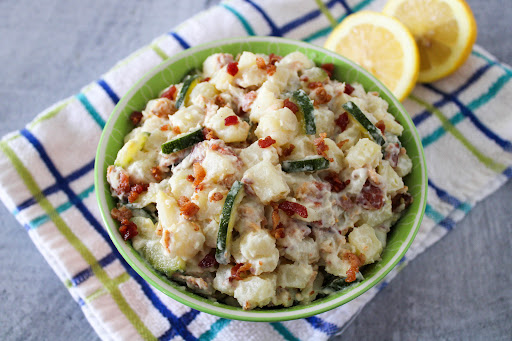 Maple Bacon Potato Salad in a serving bowl.