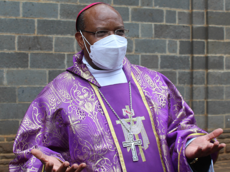 The Archbishop of the Catholic Archdiocese of Nyeri Anthony Muheria speaks to the media at Our Lady of Consolata Catholic Cathedral in Nyeri town on Wednesday