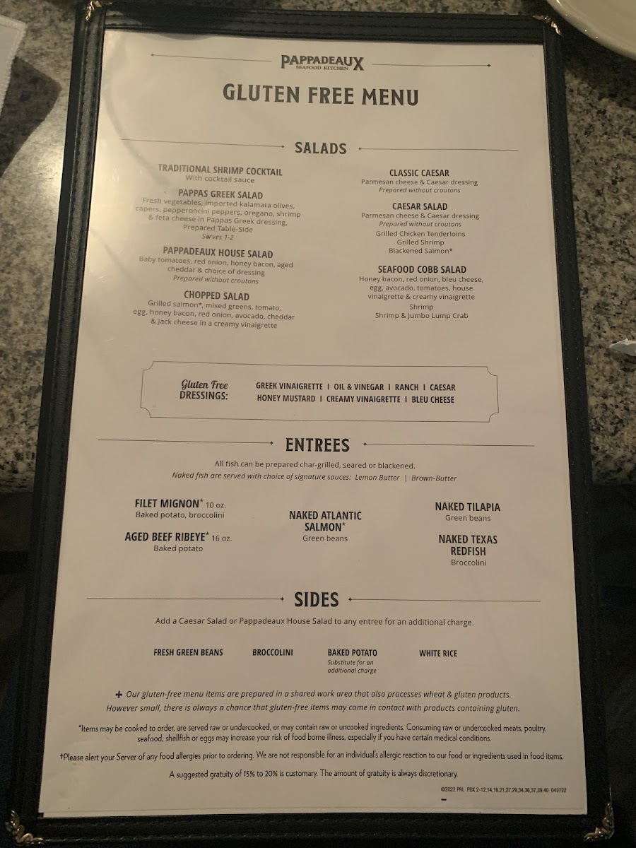 Pappadeaux gluten-free menu