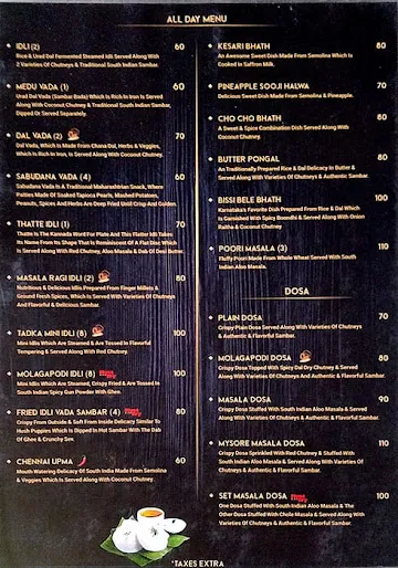 Mr Idli menu 