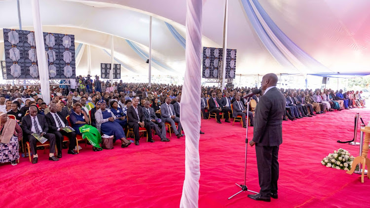 Deputy President Rigathi Gachagua at Ngorano Primary School, Nyeri County for the funeral of Mama Mercy Wairimu Kinyua, Mother of Peter Weru- the former Mathira MP on December 6, 2023