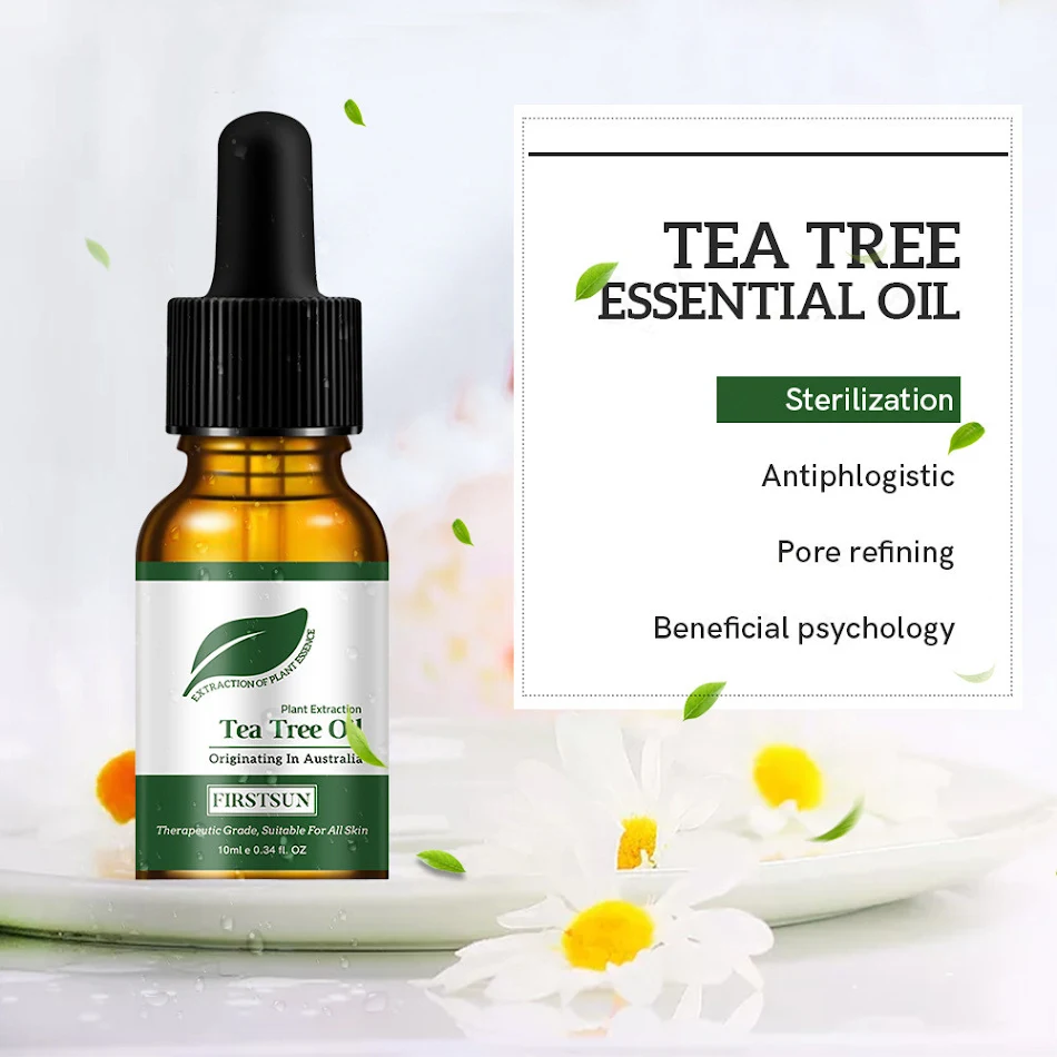 Firstsun Tea Tree essentiële olie. Natuurlijke verzorging voor huid en haar. Tegen puistjes, schimmel, roos. Topisch en aromatherapie.