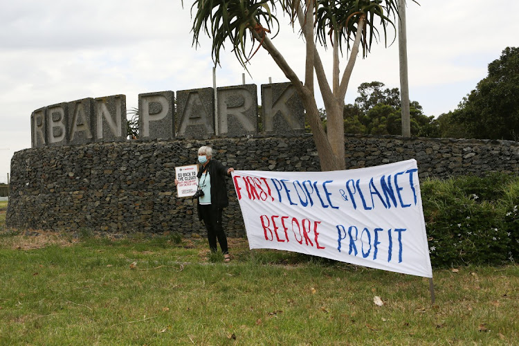 Protesters outside the Black River park development by Amazon.