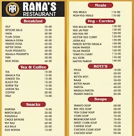 Rana's Restaurant menu 1