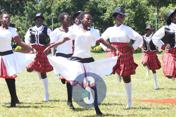 St. Teresa's Kibuye Girls High School students entertain guests during Madaraka Day celebrations in Kisumu on June 1, 2023.