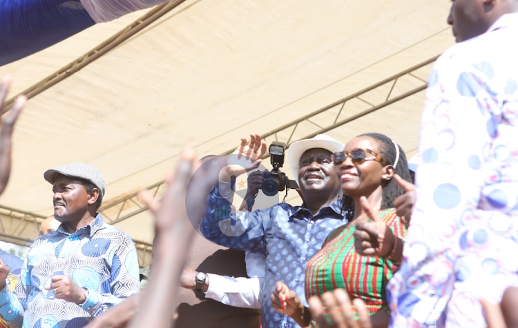 ODM leader Raila Odinga, Narc Kenya leader Martha Karua and Wiper leader Kalonzo Musyoka arrive at Kamukunji Grounds on December 7, 2022.