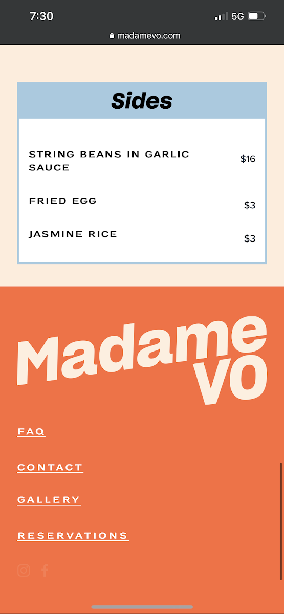 Madame Vo gluten-free menu