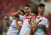 Zouheir El Moutaraji of Wydad Casablanca celebrates his opening goal in the 2021-22 Caf Champions League final against Al Ahly at the Stade Mohamed V in Casablanca, Morocco on May 30 2022.