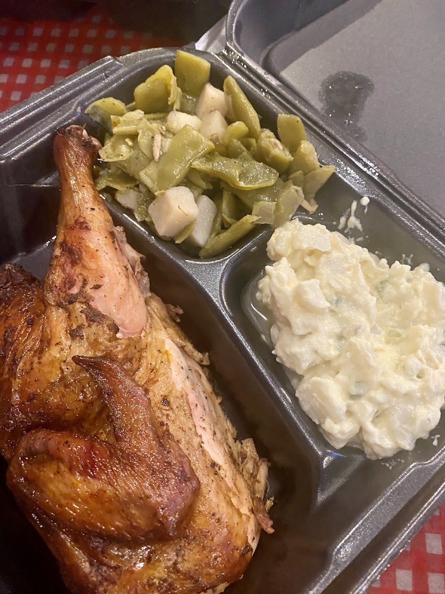 Chicken, green beans, potato salad