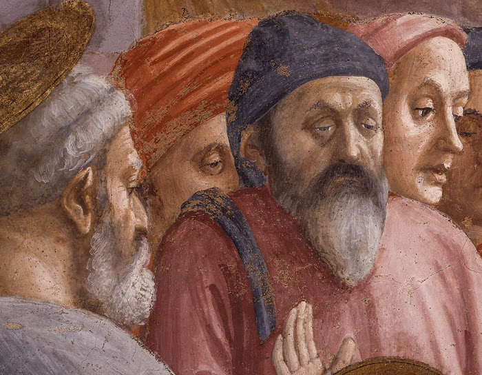 Masaccio e Filippino Lippi, Resurrezione del figlio di Teofilo e san Pietro in cattedra (particolare del gruppo nella scena che raffigura il miracolo), Cappella Brancacci, Santa Maria del Carmine, Firenze