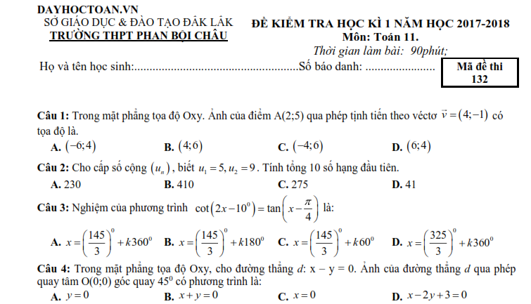 Đề thi học kỳ 1 lớp 11 năm 2017 2018 môn Toán (50 câu trắc nghiệm) Đề thi học kỳ 1 lớp 10 11 12