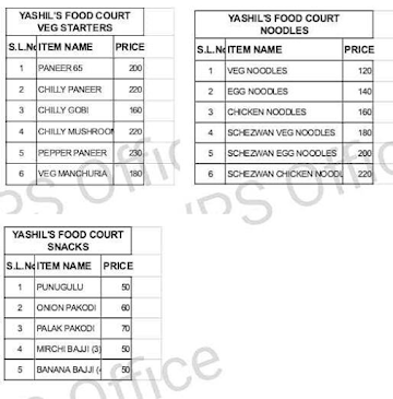 Yashil's Food Court menu 