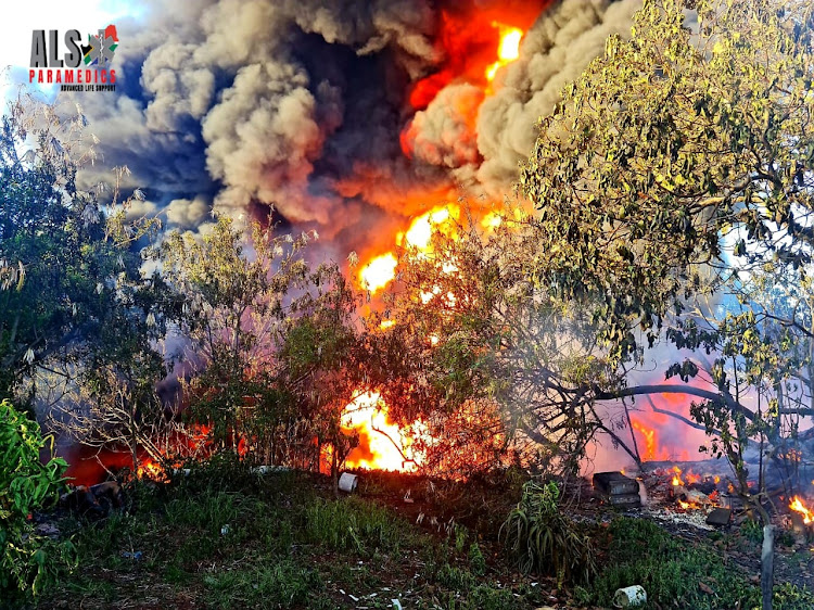 The fire in Horseshoe Road in Jacobs in Clairwood, Durban. Transnet Pipelines said three people have been killed following an attempted fuel theft incident on the Transnet fuel pipeline on Sunday morning.