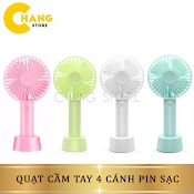 Quạt Tích Điện Cầm Tay Pin Sạc 4 Cánh 3 Tốc Độ Gió Có Đế Để Bàn, Quạt Để Bàn Pin Sạc Usb Tiện Lợi