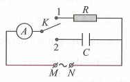 Câu 25. Trong giờ thực hành, để đo điện dung C của một tụ điện, bạn A mắc sơ đồ mạch điện như hình bên. Đặt vào hai đầu M, N một điện áp xoay chiều có giá trị hiệu dụng không đổi và tần số 50 Hz. Khi đóng khóa K và chốt 1 thì số chỉ ampe kế A là I. Khi đóng khóa K vào chốt 2 thì số chỉ ampe kế A là 2I. Biết R = 680(Ω). Bỏ qua điện trở ampe kế và dây nối. Giá trị của C là