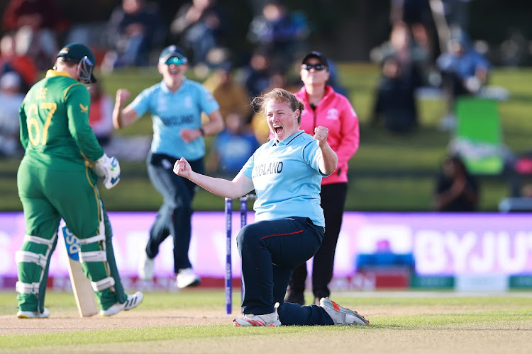 Anya Shrubsole of England celebrates after dismissing Laura Wolvaardt of SA in the 2022 ICC Women's Cricket World Cup semifinal at Hagley Oval in Christchurch, New Zealand on March 31 2022.