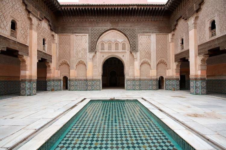 Inside Ali Ben Youssef Madrasa in Marrakesh, Morocco.