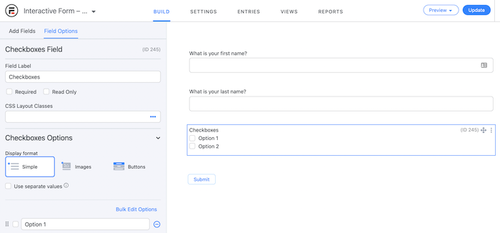 Adding a checkboxes field to an interactive form.