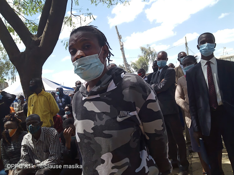 Rebecca Kwamboka outside the Kibera magistrate's court on Monday.