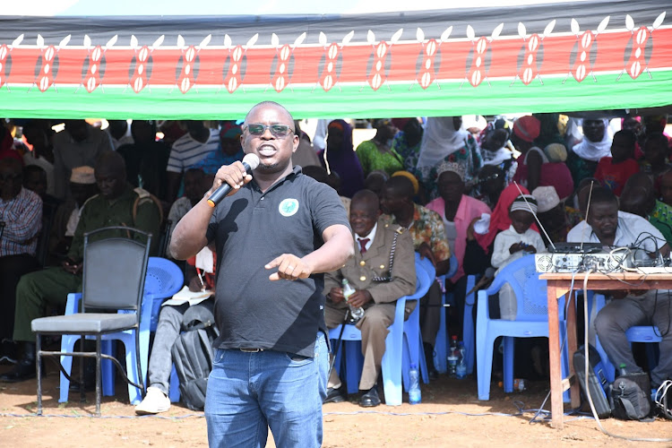 Haki Yetu Organization programs officer Julius Wanyama at the Madaraka Day celebrations at Tsunza secondary school on Thursday.