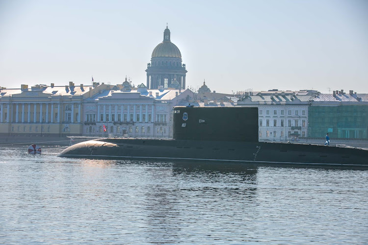 A submarine, No. 487 in the Russian Navy’s fleet, moored in the Neva River of St. Petersburg. 