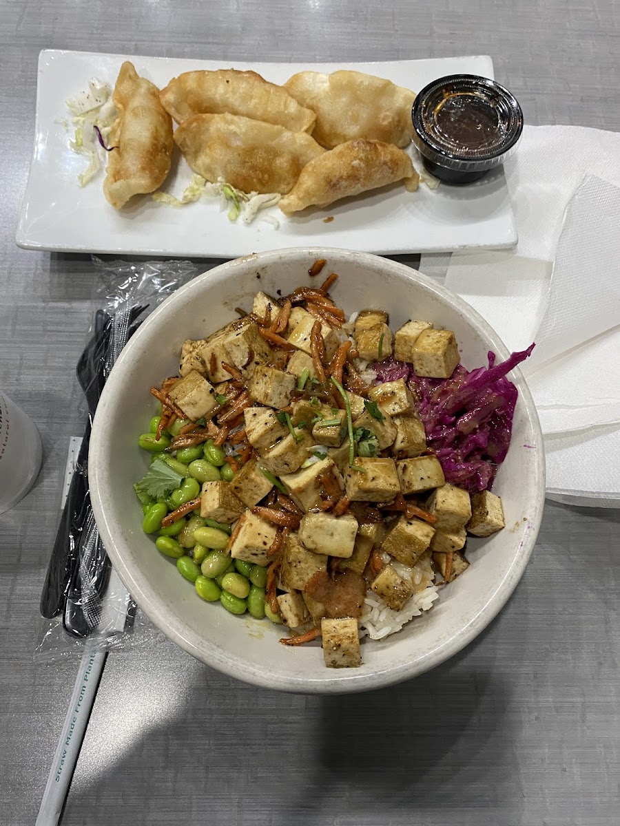 Tofu veggie bowl and vegetable potstickers