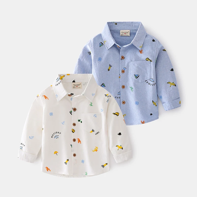Camisa infantil de manga longa com estampa de desenho animado, gola lapela, casual e estilosa. Camisa legal para crianças.