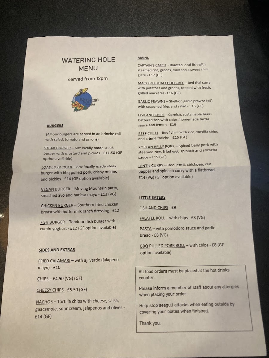 The Watering Hole gluten-free menu