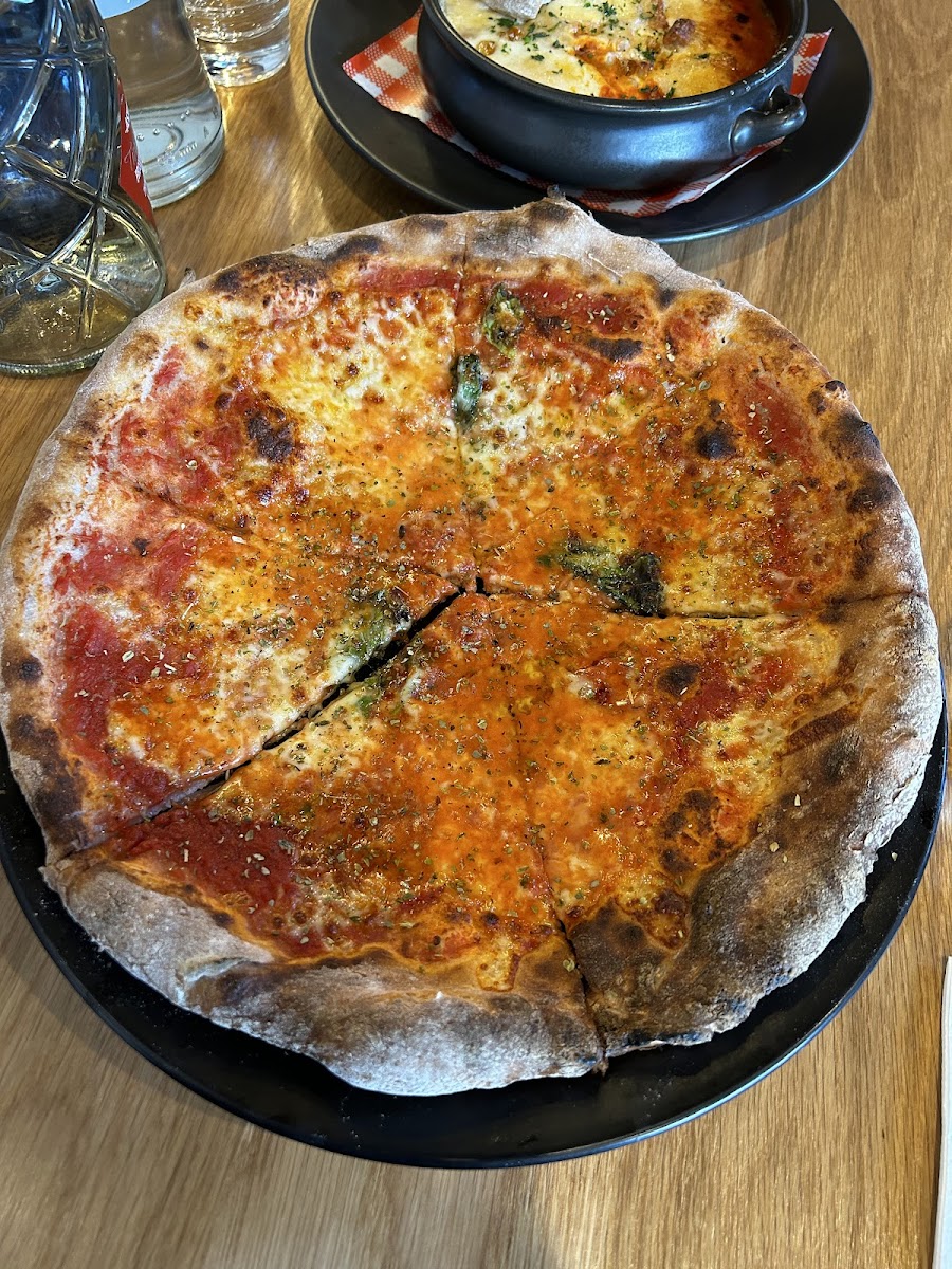 Margherita Pizza (sugo, fior di latte & basil) on coeliac-friendly base