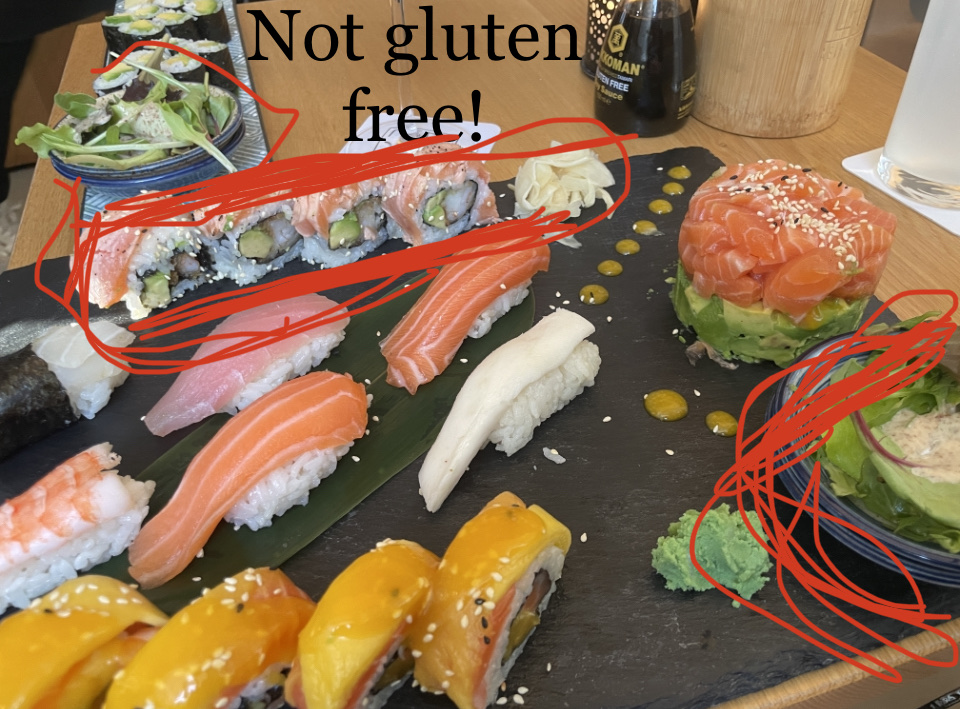 Sushi and salad dressing not gluten free. They did quickly came to mention about the dressing that wasn’t gluten free. Not the ebi tempura. 

They do have gluten free soja sauce