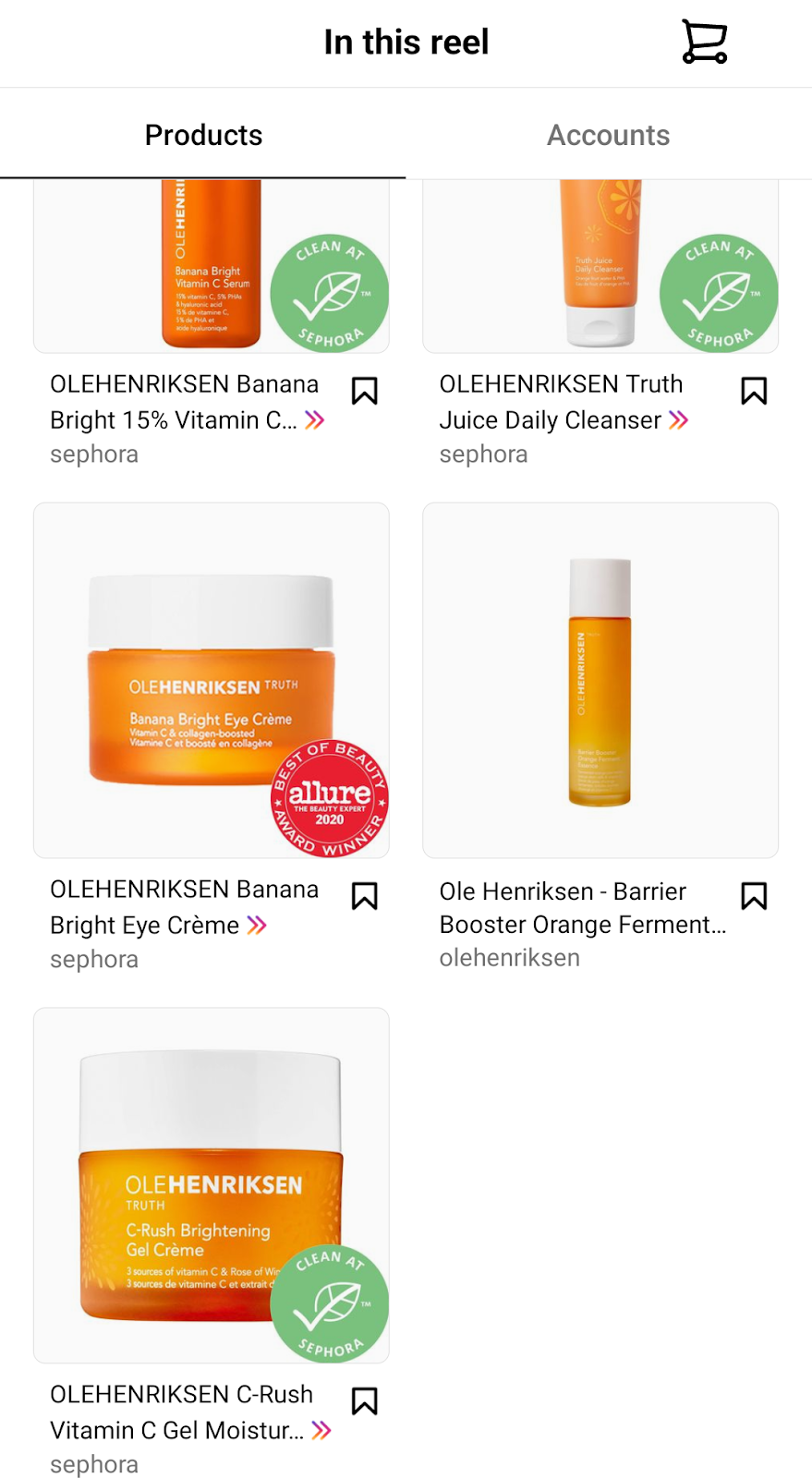 Screenshot of Instagram page showing skincare products tagged in the Reel