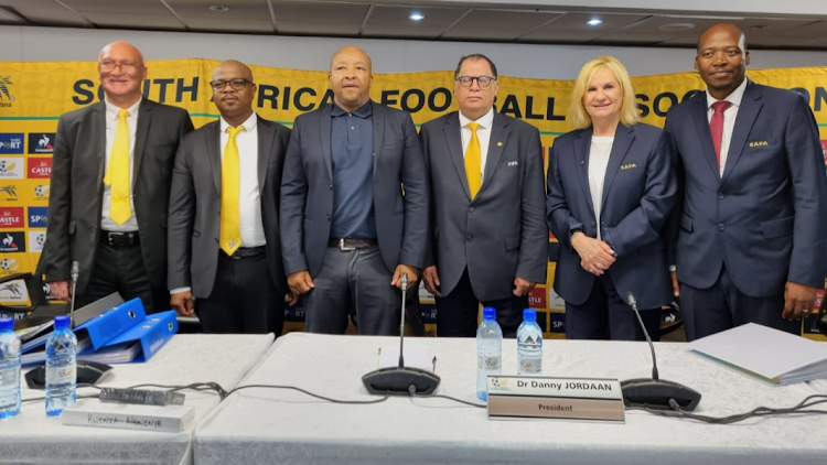 Safa held its first NEC meeting on Saturday at which it appointed new vice presidents and a technical director. Pictured from left: Bennet Bailey, vice president, CEO Tebogo Motlanthe, technical director Walter Steenbok, president Danny Jordaan, Natasha Tsichlas and Linda Zwane, both vice presidents.