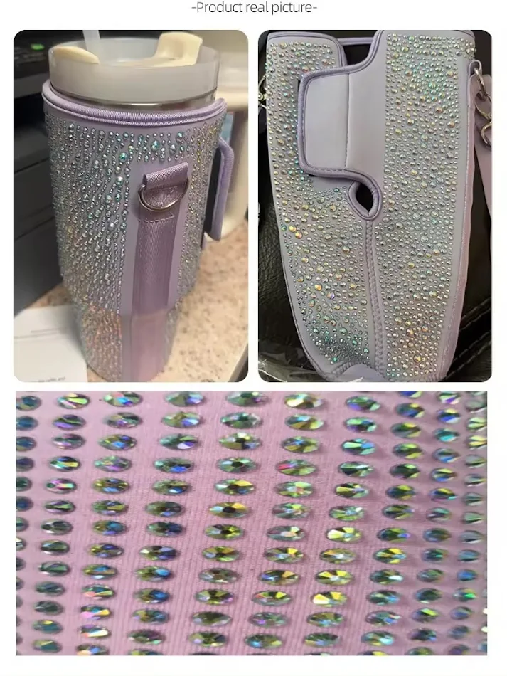 Ensemble de bouteilles d'eau brillantes de 40 oz avec sac à main, sangle réglable et aspect nacré. L'hydratation stylée en déplacement.