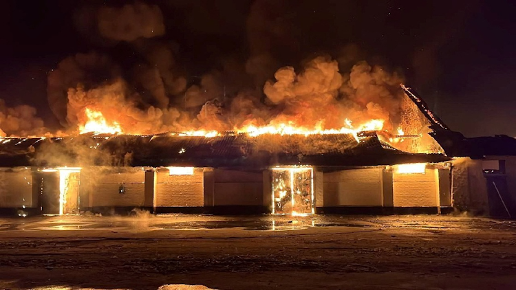 A warehouse burns after a Russian drone strike, amid Russia's attack, in Uman, Cherkasy region, Ukraine, on October 1 2023.