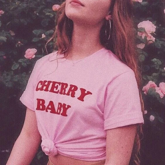 CHERRY BABY red letter T-shirt for men and women. European and American English digital letters, street style short slee
