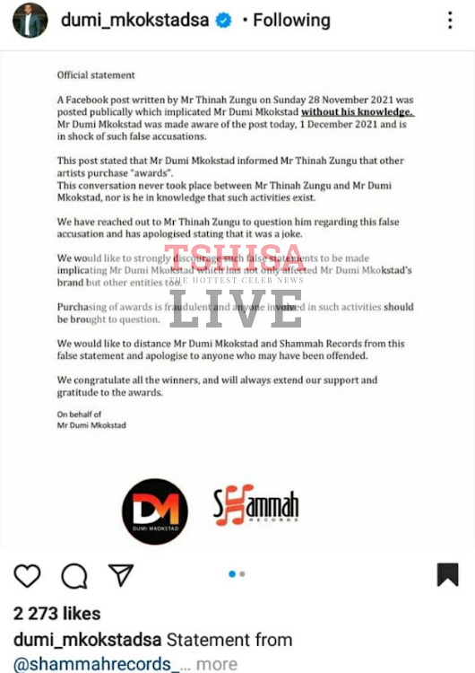 Dumi Mkokstadsa's Instagram post.