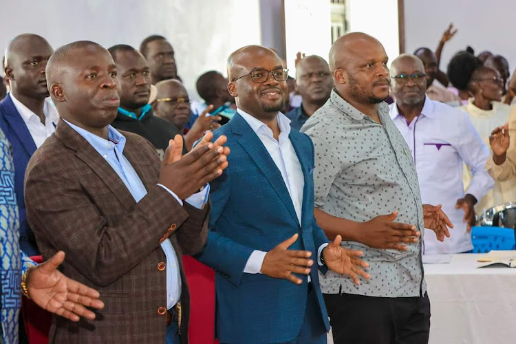 Interior CS Raymond Omollo, Nandi Governor Stephen Sang and Langata MP Phelix Odiwuor at St. Peter's Cathedral ACK, Ahero during a Thanksgiving service in celebration of its 8th year since inception on May 12, 2024.