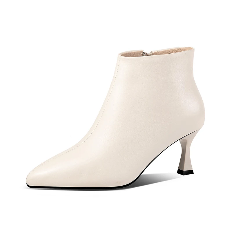 Women's First Layer Cowhide Ankle Boots with Pointed Toe, Stiletto Heels and Velvet, Fashionable Nude Boots for a Stylis