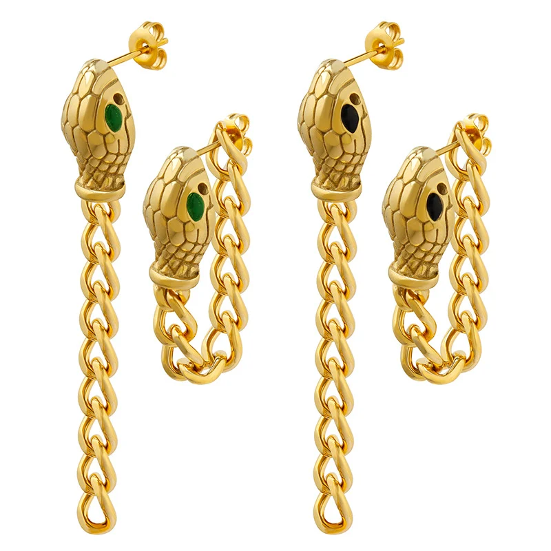 Clous d'oreilles en acier titane tête de serpent et chaîne épaisse, un accessoire créatif et robuste pour un style unique et percutant.